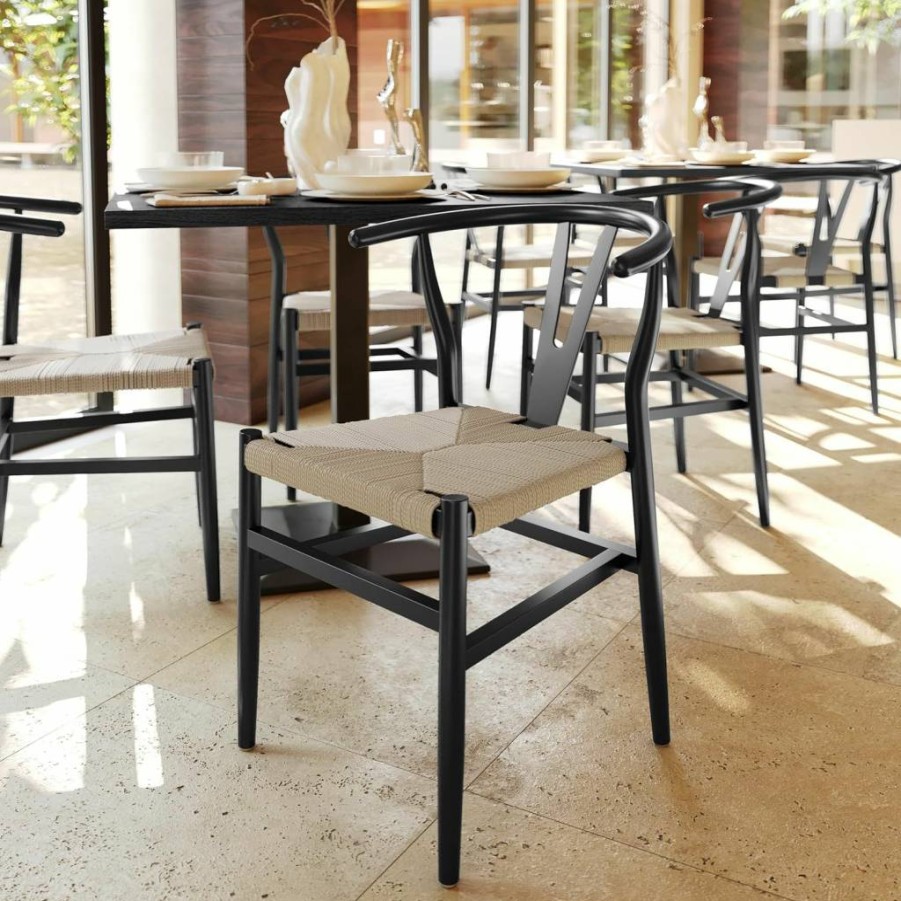 Flash Furniture Logan Solid Wood Wishbone Dining Chair - Stackable Kraft Paper Seat, Mortise & Tenon Joints, Oak/Natural Finish for Commercial Use