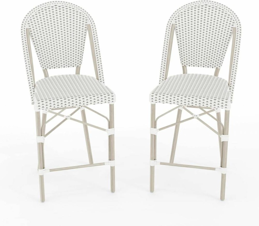 Martha Stewart White/Navy Woven Rattan Stackable Counter Stools Set of 2 - Indoor-Outdoor Aluminum Frame with Woodgrain Finish