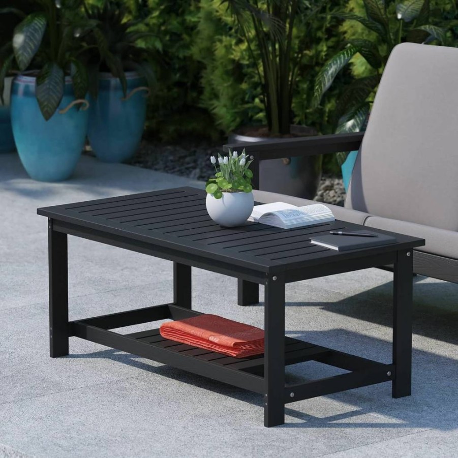Flash Furniture Charlestown 2-Tier All-Weather Adirondack Coffee Table - Natural Cedar Poly Resin, Commercial Grade Outdoor Side Table with Slatted Shelf
