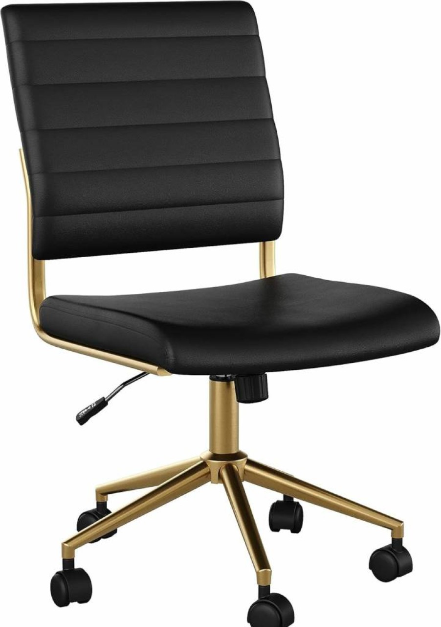 Martha Stewart Black Faux Leather Swivel Task Chair with Brass Frame for Home Office