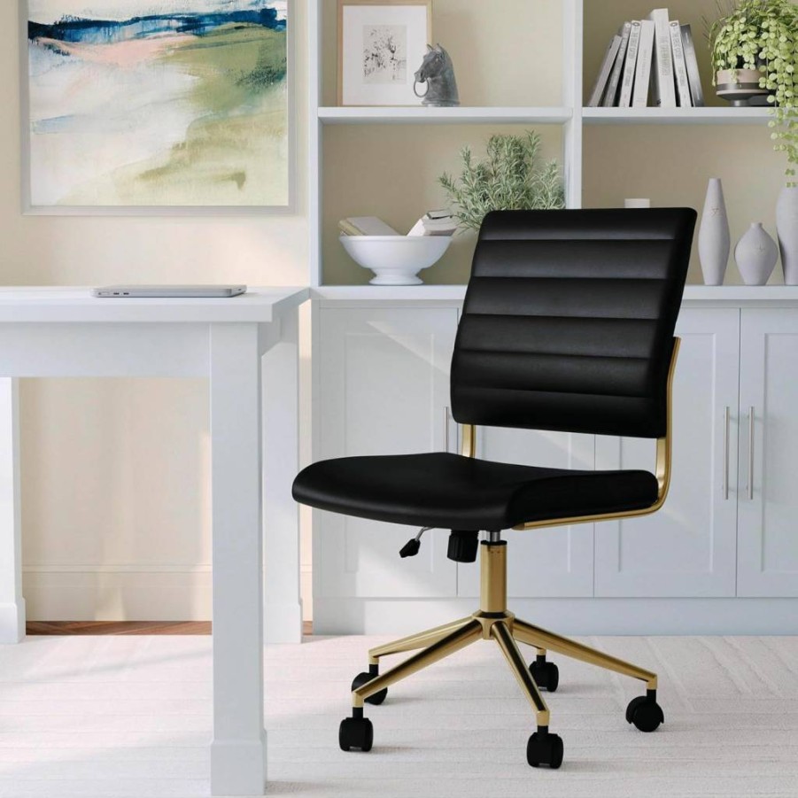 Martha Stewart Black Faux Leather Swivel Task Chair with Brass Frame for Home Office