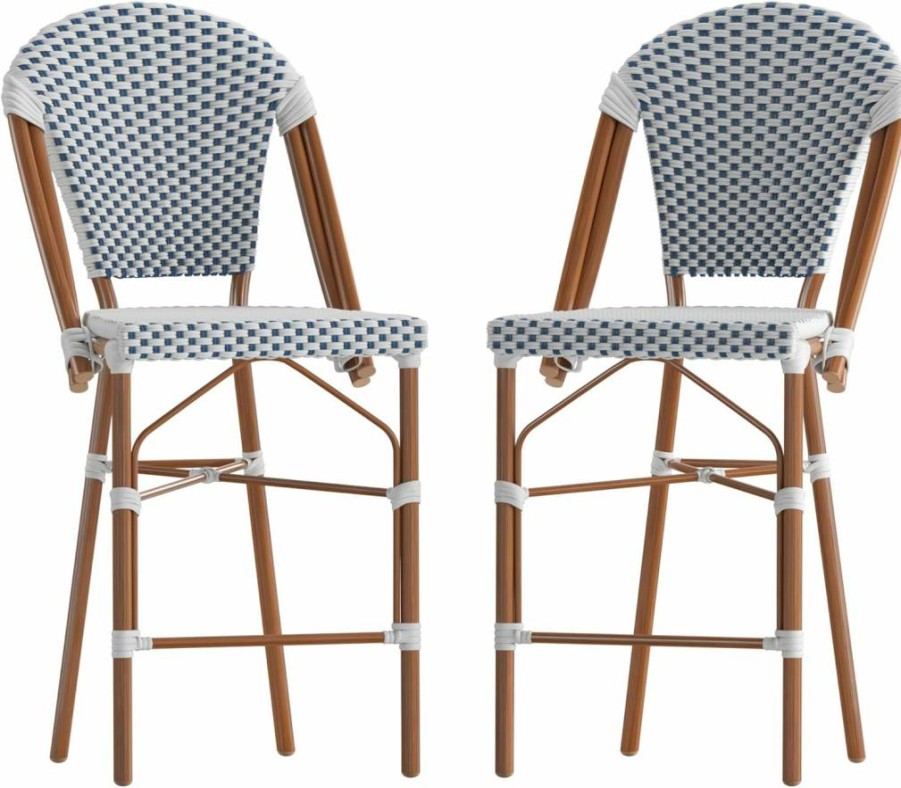 Flash Furniture 26" Stackable Bistro Stools, Commercial Grade Counter Height Set of 2, White/Navy & Bamboo Finish for Indoor Outdoor Use