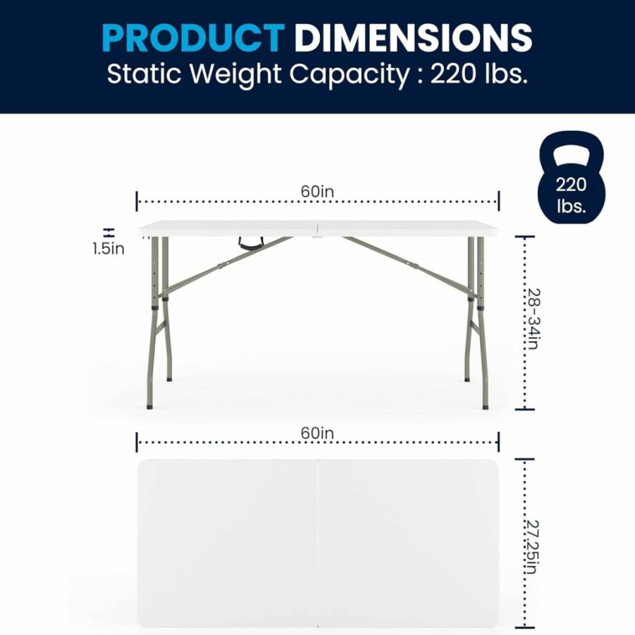 Flash Furniture 5-Foot Rectangular Bi-Fold Folding Table with Handle - Portable White Plastic Banquet Table for Indoor & Outdoor Events, 60"W x 27.25"D x 34"H