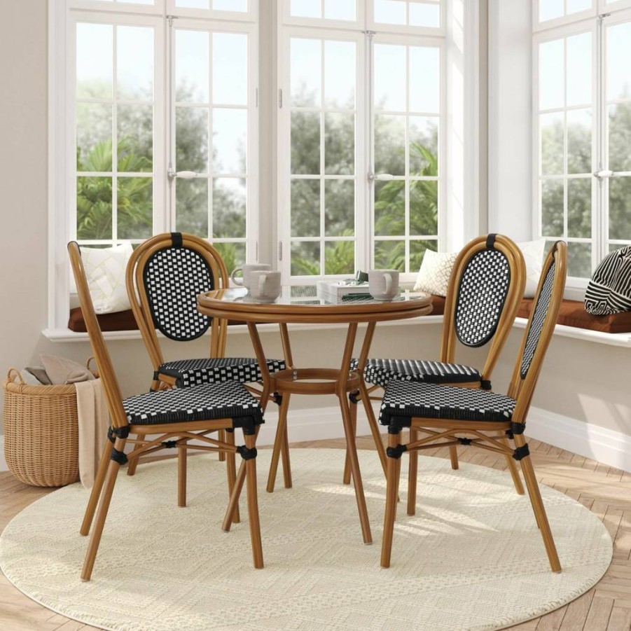 Flash Furniture Lourdes 4-Piece Bistro Set - Indoor/Outdoor Black/White Aluminum Frame with PE Rattan Chairs & Tempered Glass Table - Commercial Grade Patio Dining