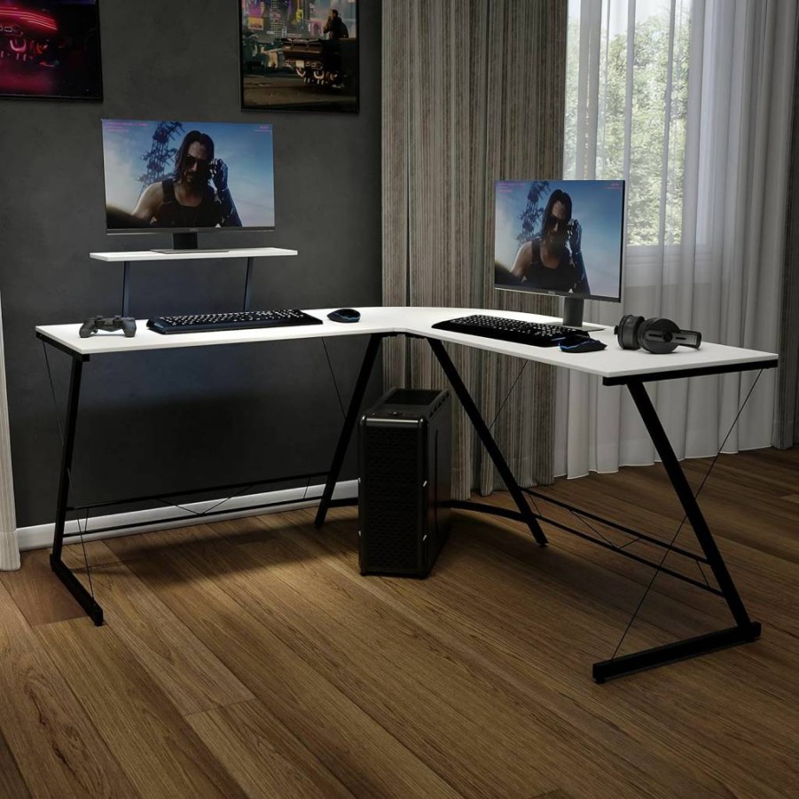 Flash Furniture Black L-Shaped Corner Desk with Silver Metal Frame and Tempered Glass Top for Home Office