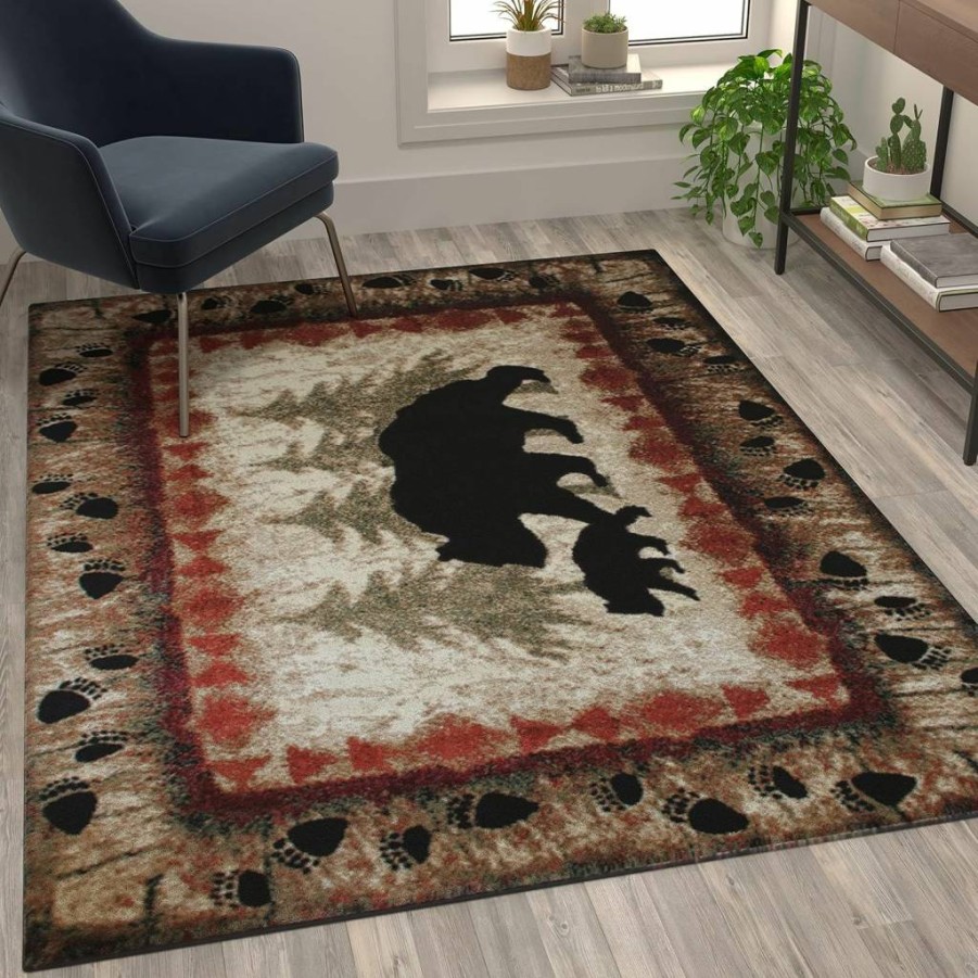 Flash Furniture Ursus Collection 4'x5' Rustic Lodge Area Rug with Black Bear & Cub Design - Olefin Fiber, Jute Backing, Brown/Beige/Black/Green Accent Rug