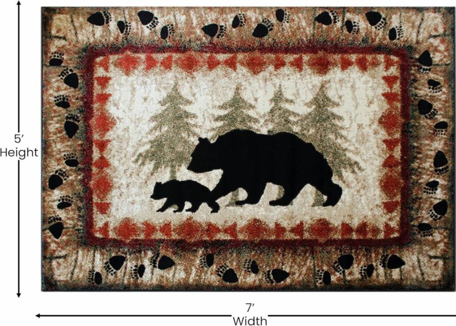 Flash Furniture Ursus Collection 4'x5' Rustic Lodge Area Rug with Black Bear & Cub Design - Olefin Fiber, Jute Backing, Brown/Beige/Black/Green Accent Rug