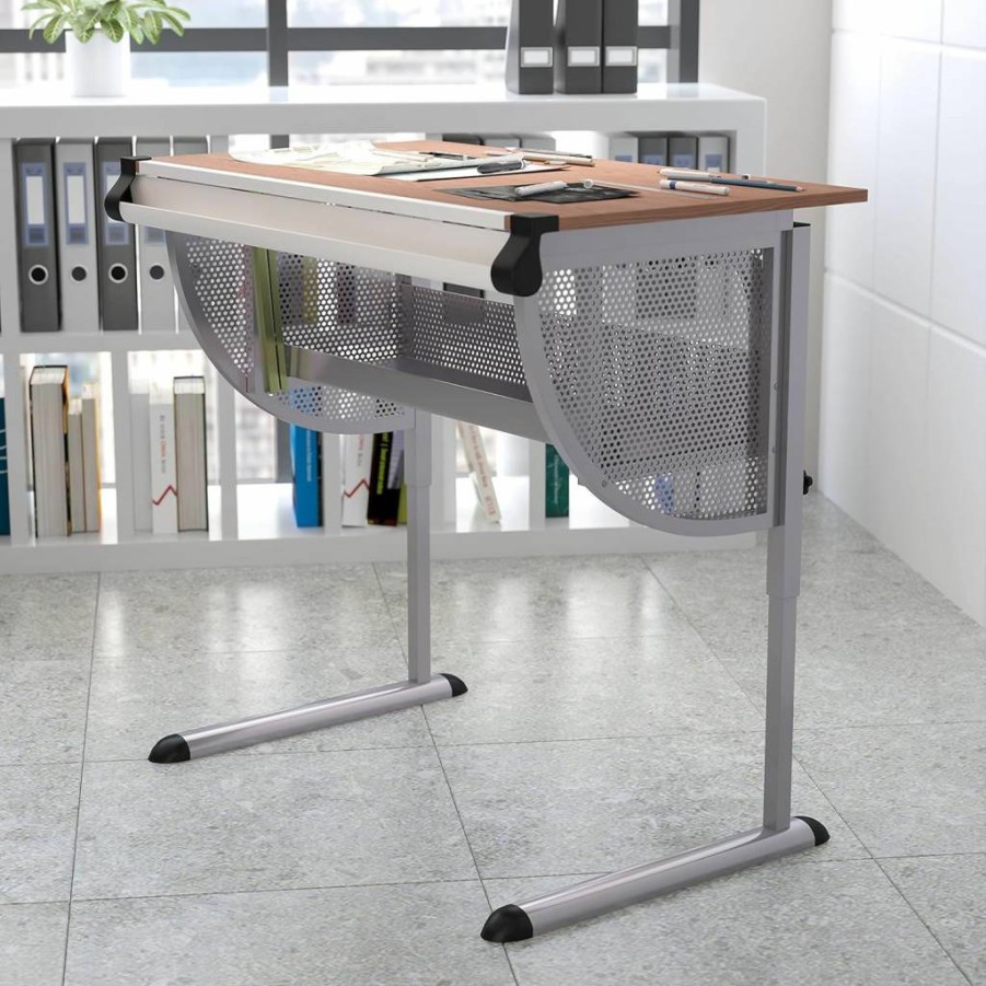 Flash Furniture Berkley Adjustable Drafting Table with Pewter Frame - Ergonomic Drawing Desk for Artists & Designers