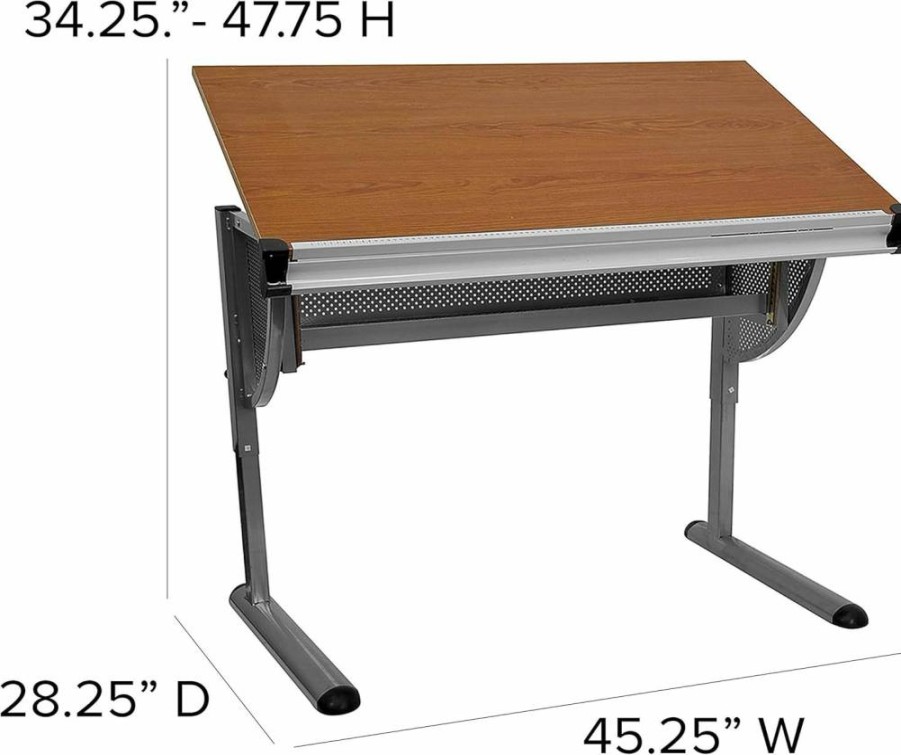 Flash Furniture Berkley Adjustable Drafting Table with Pewter Frame - Ergonomic Drawing Desk for Artists & Designers