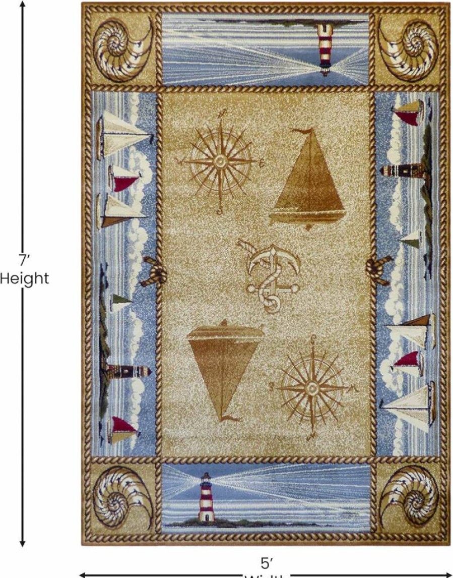 Flash Furniture Sovalye Collection 5' x 7' Beige Nautical Area Rug with Jute Backing for Living Room, Bedroom, Entryway