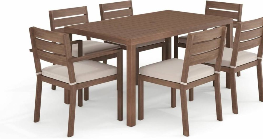 Martha Stewart Bedford 7-Piece Outdoor Dining Set with 62-Inch Woodgrain Aluminum Table, 6 Stackable Chairs, and Cream Weather-Resistant Cushions