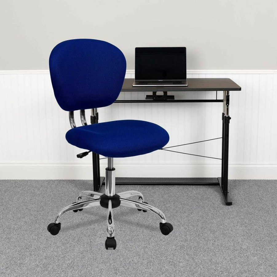 Flash Furniture Beverly Mid-Back Ergonomic Office Chair - Navy Mesh Swivel Task Chair with Padded Seat & Chrome Base