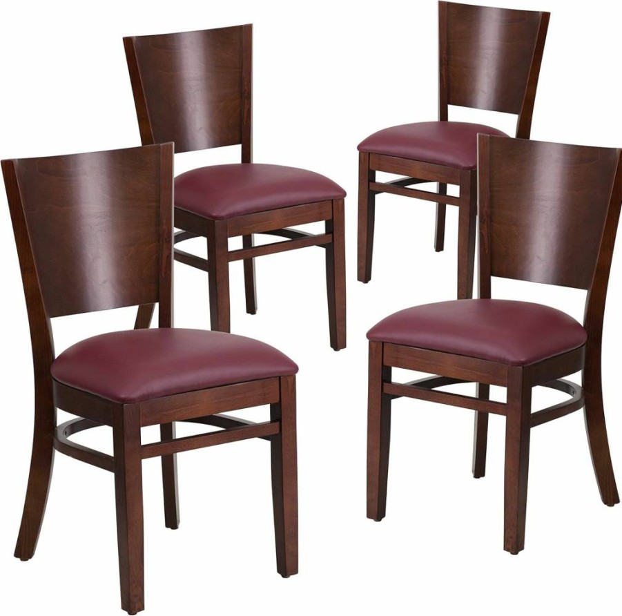 Flash Furniture Lacey Series Solid Walnut Wood Dining Chair with Burgundy Vinyl Seat - Restaurant Quality