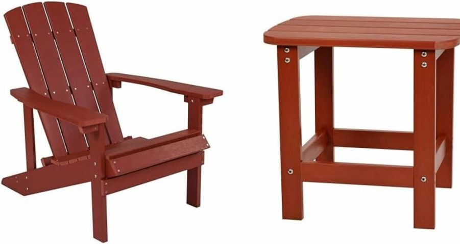 Flash Furniture Red Adirondack Chair with Lattice Side Table - Indoor/Outdoor Poly Resin Set