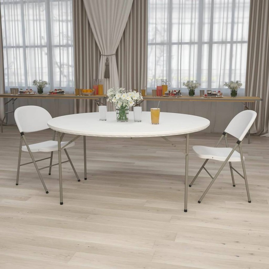 Flash Furniture 5-Foot Round Granite White Folding Table, Heavy Duty Commercial Grade Plastic Table for 8 People, Indoor Outdoor Use