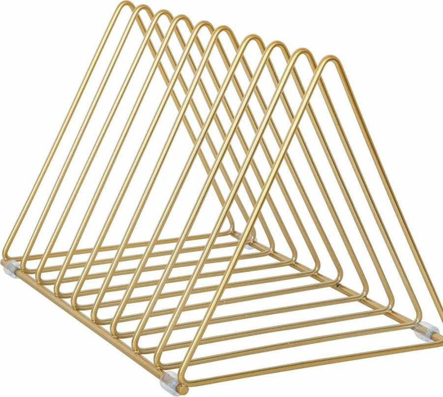 Martha Stewart Gold Mesh Metal Magazine File Holder - 9 Slot Triangle Desktop Organizer for Office & Home Storage