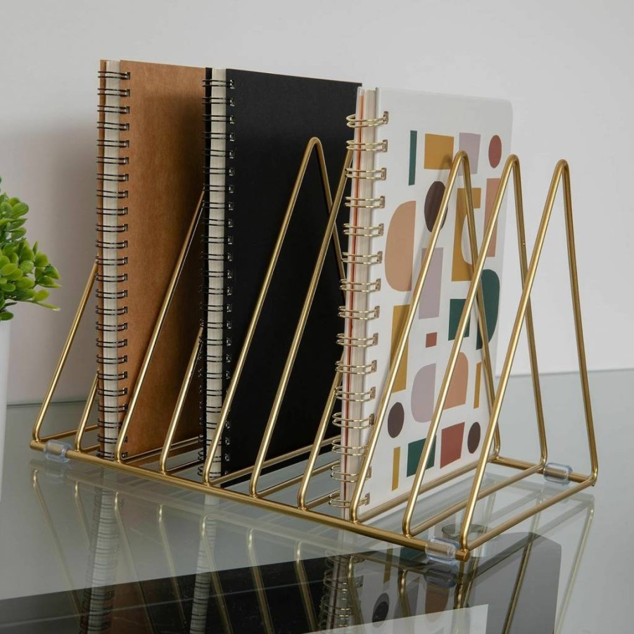 Martha Stewart Gold Mesh Metal Magazine File Holder - 9 Slot Triangle Desktop Organizer for Office & Home Storage