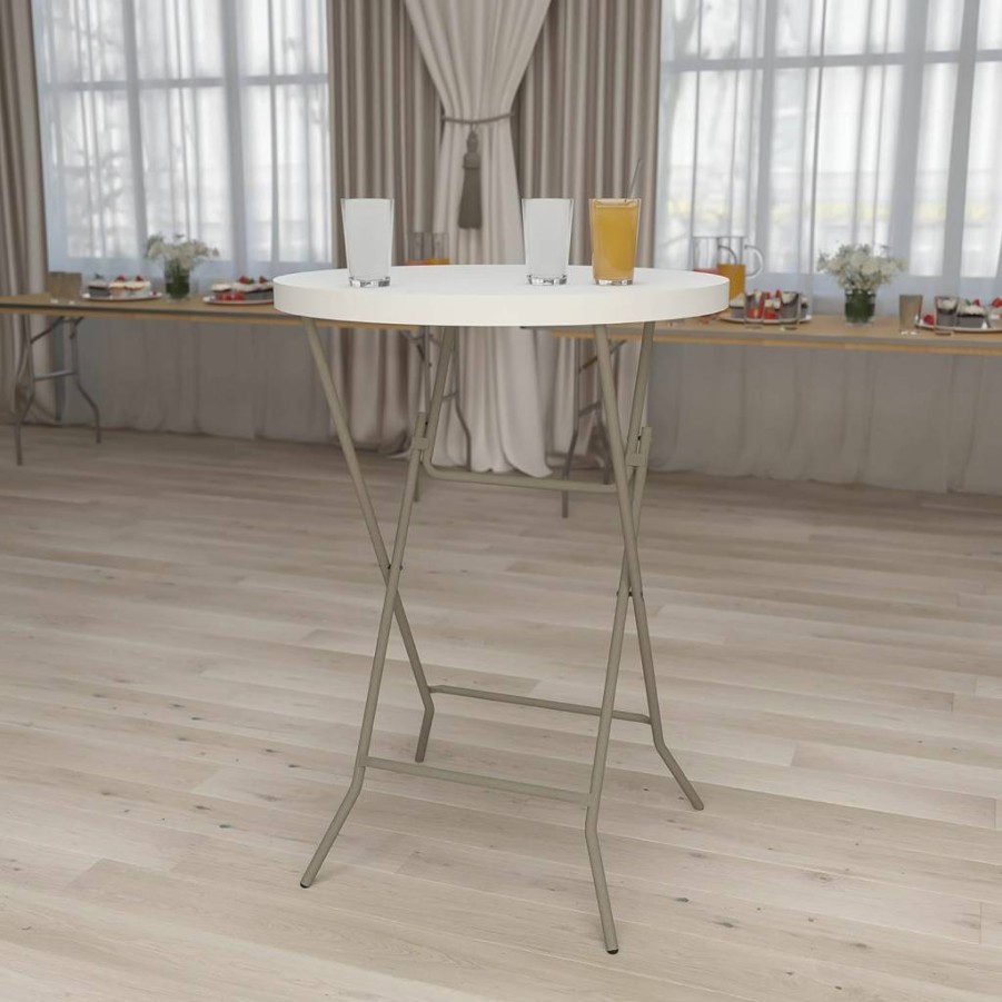 Flash Furniture Kathryn 2.63' Round White Plastic Folding Table - Bar Height for Indoor/Outdoor Parties & Commercial Events