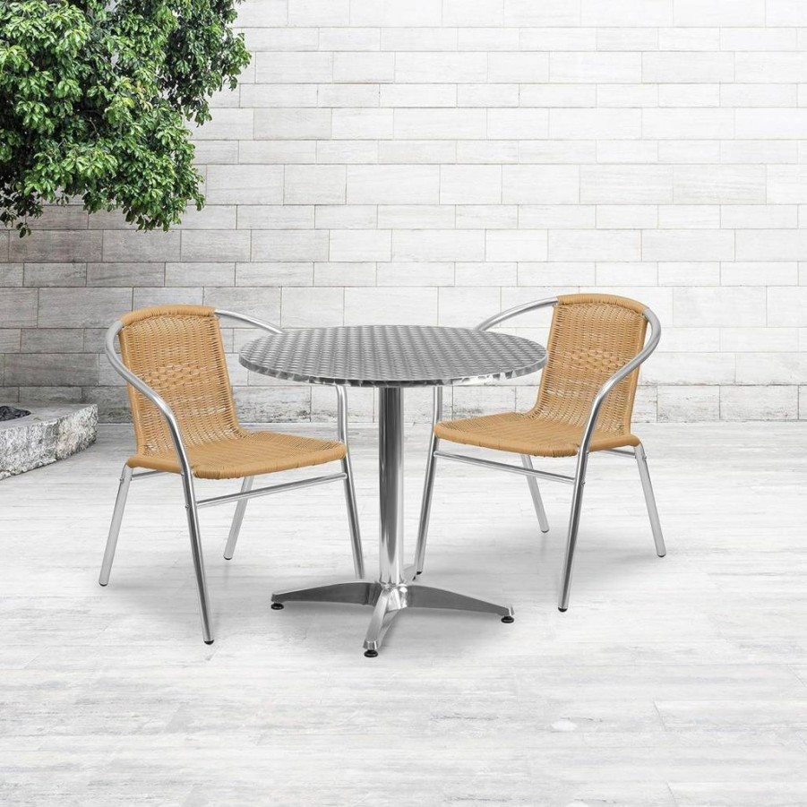Flash Furniture 31.5" Round Lila Aluminum Patio Dining Set with 2 Dark Brown Rattan Chairs for Indoor-Outdoor Use