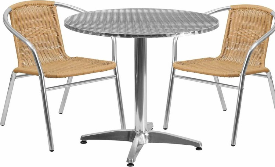 Flash Furniture 31.5" Round Lila Aluminum Patio Dining Set with 2 Dark Brown Rattan Chairs for Indoor-Outdoor Use
