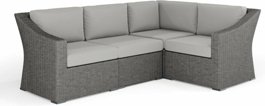 Martha Stewart Bedford Modular Sectional Sofa - 4-Piece Indoor-Outdoor Rattan Wicker Set with Gray All-Weather Cushions