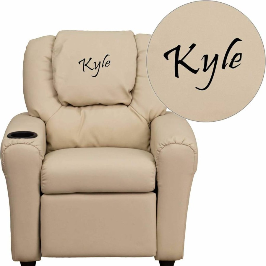 Flash Furniture Personalized Beige Vinyl Kids Recliner with Cup Holder & Headrest - Durable Children's Chair