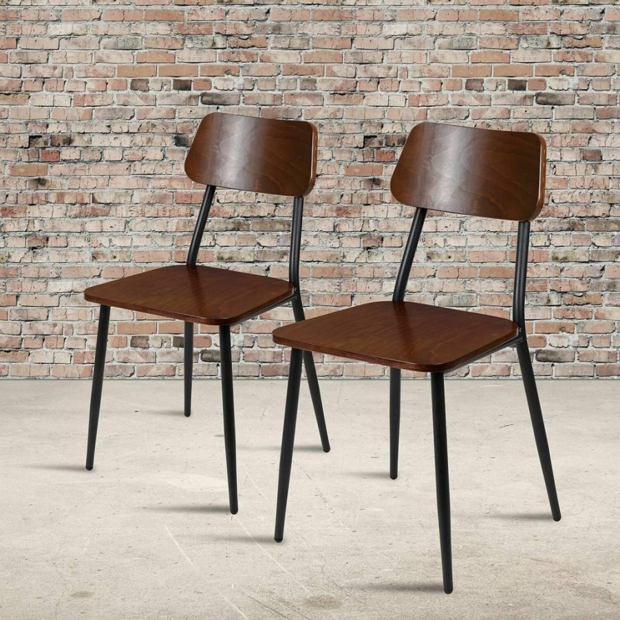 Flash Furniture Industrial Stackable Dining Chairs Set of 2 - Gunmetal Steel Frame & Rustic Wood Seat