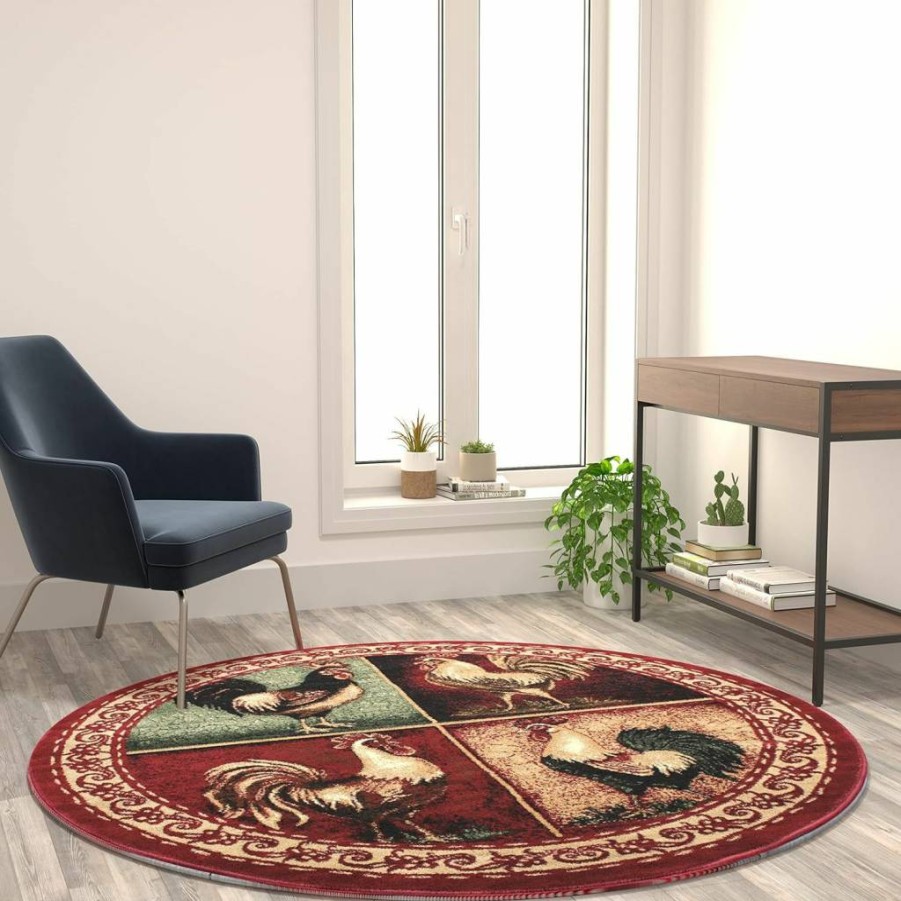 Flash Furniture Gallus Collection 6' Round Rooster Themed Area Rug - Red Olefin with Jute Backing for Kitchen, Living Room, Bedroom Decor