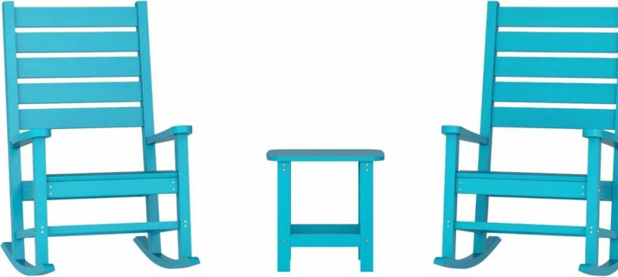 Flash Furniture Manchester 3-Piece Outdoor Rocking Chair Set with Table - 2 Modern Rocking Chairs & End Table - All-Weather HDPE Construction - Blue Patio Furniture