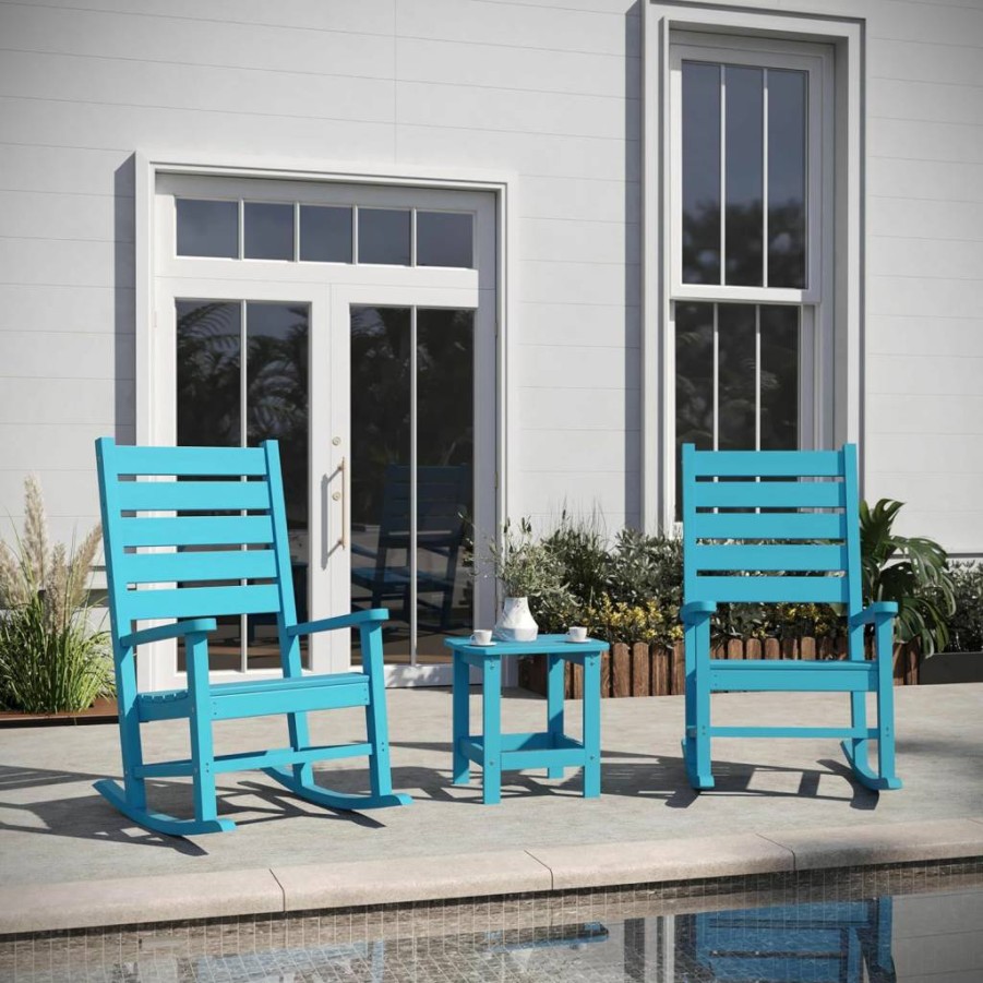 Flash Furniture Manchester 3-Piece Outdoor Rocking Chair Set with Table - 2 Modern Rocking Chairs & End Table - All-Weather HDPE Construction - Blue Patio Furniture
