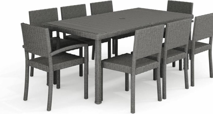 Martha Stewart Bedford 9-Piece Gray Rattan Dining Set - 71" Faux Wood Table & 6 Stackable Chairs for Indoor-Outdoor Use