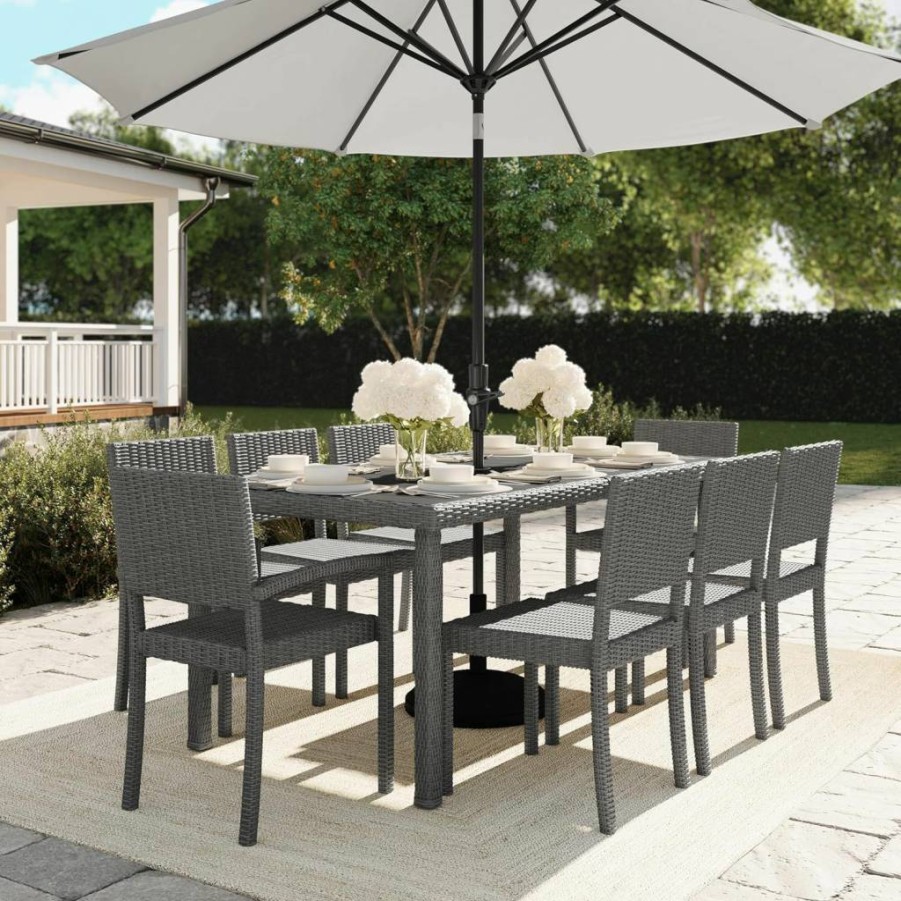 Martha Stewart Bedford 9-Piece Gray Rattan Dining Set - 71" Faux Wood Table & 6 Stackable Chairs for Indoor-Outdoor Use
