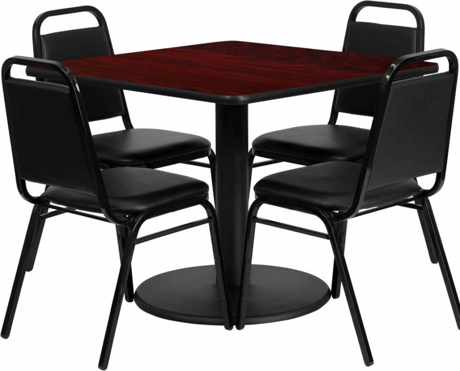 Flash Furniture 36" Square Mahogany Laminate Dining Table Set with Round Base & 4 Black Banquet Chairs