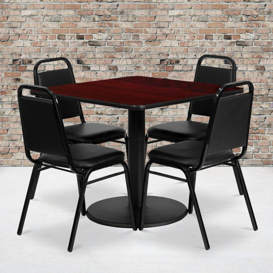 Flash Furniture 36" Square Mahogany Laminate Dining Table Set with Round Base & 4 Black Banquet Chairs