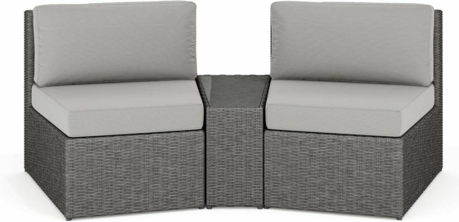 Martha Stewart Bedford 3-Piece Patio Set with All-Weather Cushions, Rattan Wicker Sofa & Glass Top Table, Indoor-Outdoor Gray Furniture