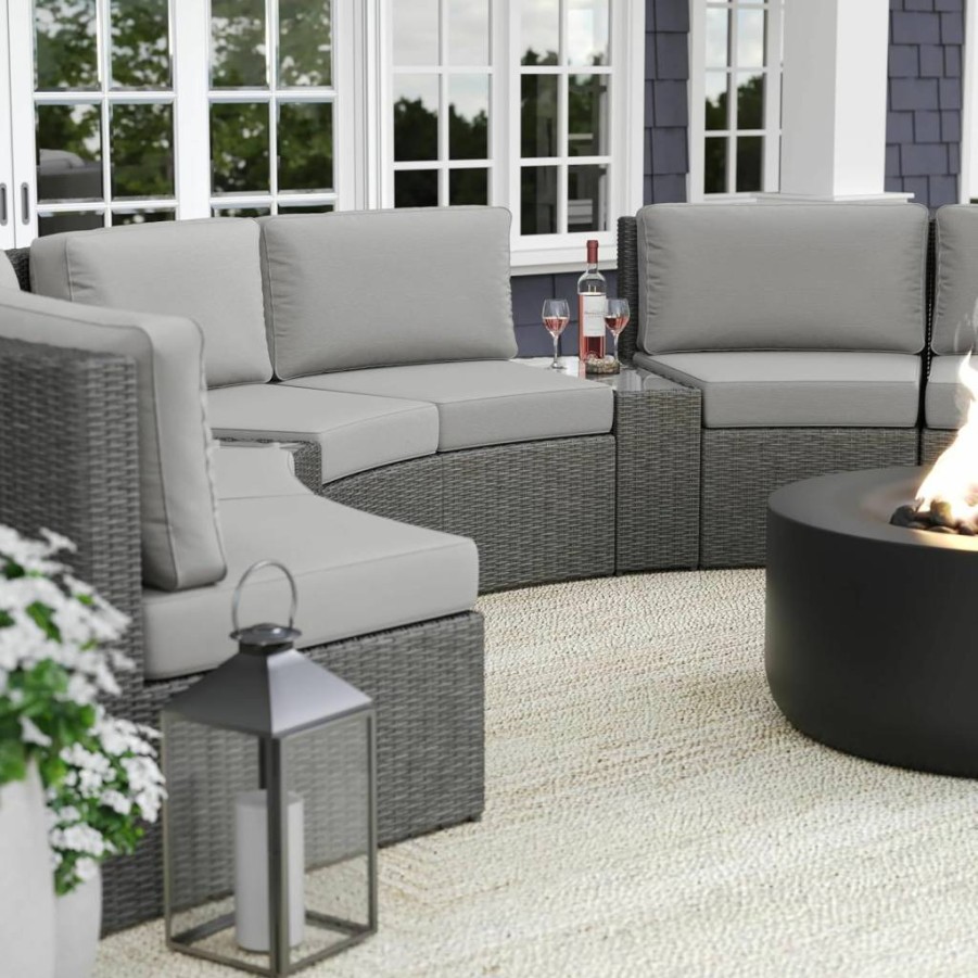 Martha Stewart Bedford 3-Piece Patio Set with All-Weather Cushions, Rattan Wicker Sofa & Glass Top Table, Indoor-Outdoor Gray Furniture