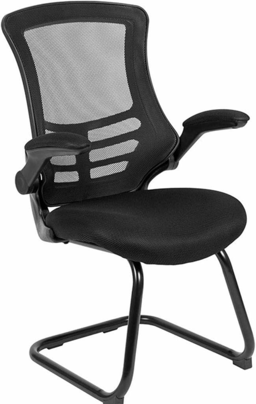 Flash Furniture Kelista Black Mesh Office Chair with White LeatherSoft Seat and Flip-Up Arms, Sled Base Reception Chair