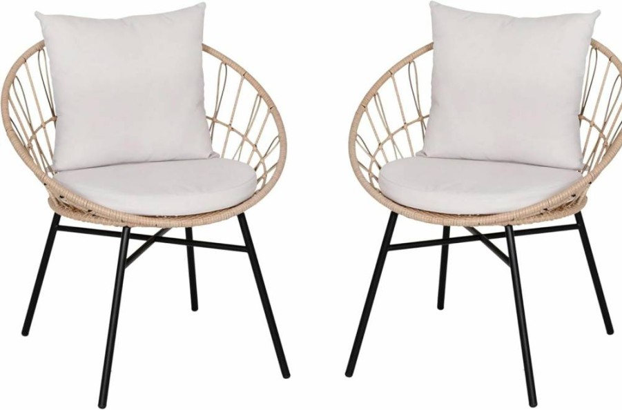 Flash Furniture Devon 2-Piece Modern Boho Rattan Chair Set with Light Gray Cushions, Weather-Resistant Tan Indoor/Outdoor Rope Accent Chairs