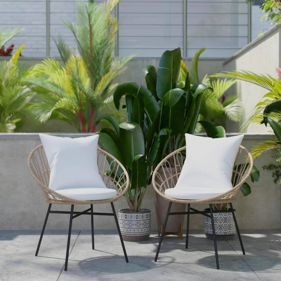 Flash Furniture Devon 2-Piece Modern Boho Rattan Chair Set with Light Gray Cushions, Weather-Resistant Tan Indoor/Outdoor Rope Accent Chairs