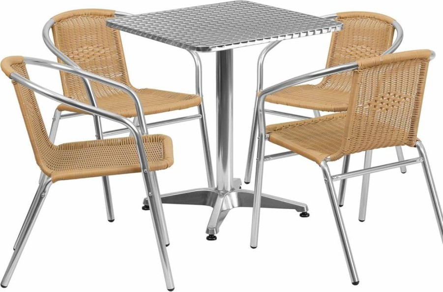 Flash Furniture 23.5" Square Aluminum Patio Dining Set with 4 Dark Brown Wicker Chairs for Indoor Outdoor Use