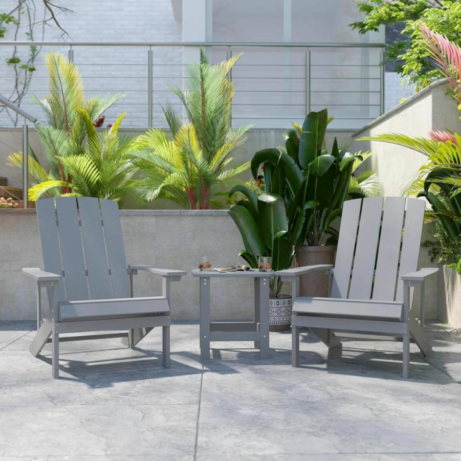 Flash Furniture Charlestown 2-Piece Adirondack Set with Side Table - Durable Gray Poly Resin - Weather-Resistant Outdoor Furniture