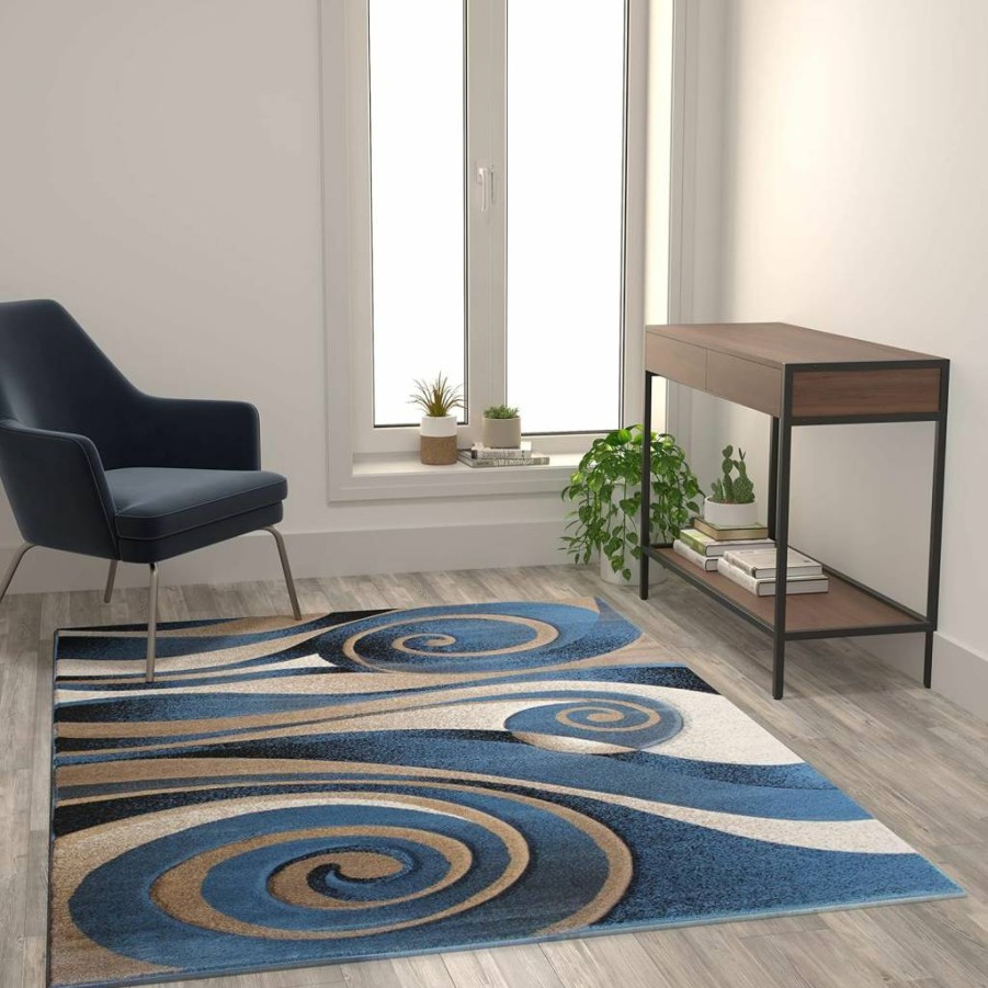 Flash Furniture Modern 5x7 Indoor Area Rug - Blue & Beige Circular Pattern, Olefin Fiber with Jute Backing, Coterie Collection