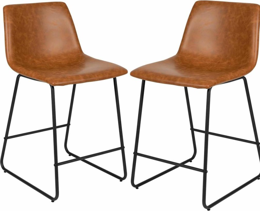 Flash Furniture Reagan 24" Leathersoft Counter Height Stools with Footrest - Mid-Century Modern Bucket Style Dining Chairs, Set of 2, Light Brown