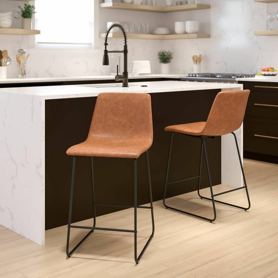 Flash Furniture Reagan 24" Leathersoft Counter Height Stools with Footrest - Mid-Century Modern Bucket Style Dining Chairs, Set of 2, Light Brown