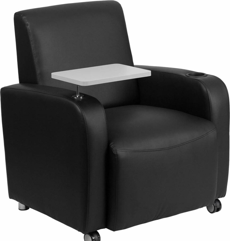 Flash Furniture George Leathersoft Office Chair with Tablet Arm, Cup Holder & Casters - Black Ergonomic Guest Chair for Workspace