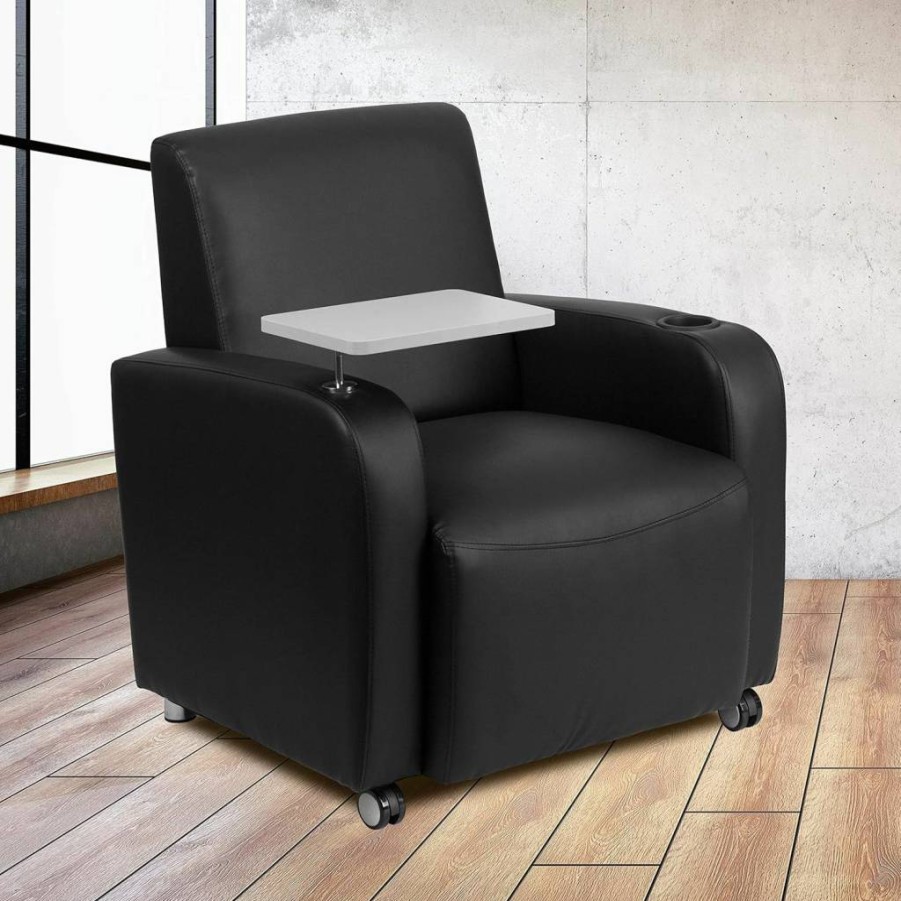 Flash Furniture George Leathersoft Office Chair with Tablet Arm, Cup Holder & Casters - Black Ergonomic Guest Chair for Workspace
