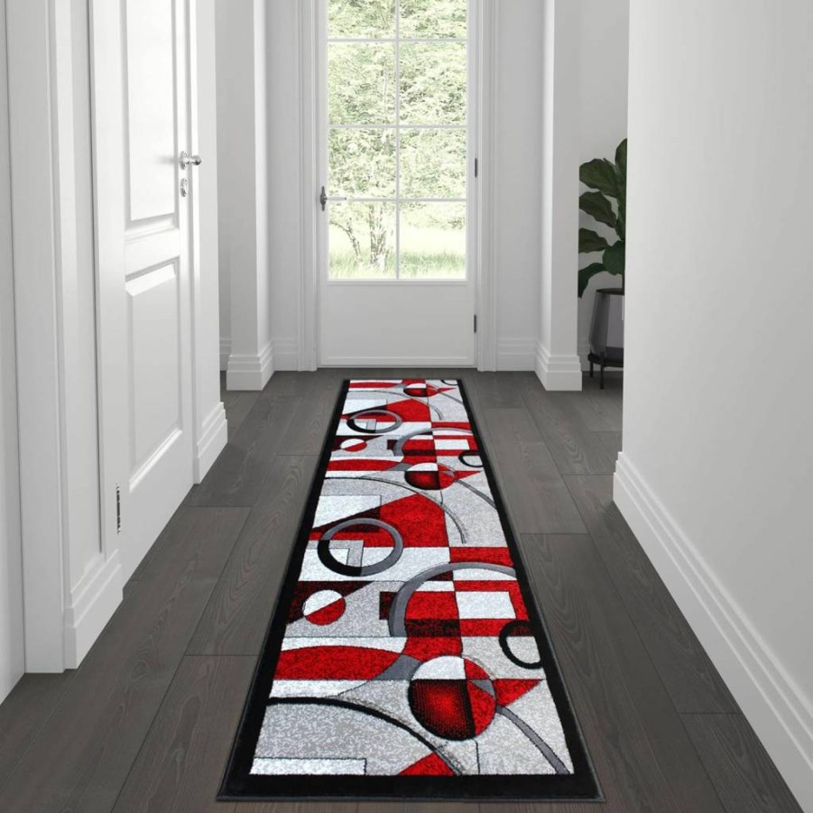 Flash Furniture Elias Collection Red Geometric Abstract Rug - 2x7 Feet Olefin Hallway Runner with Non-Slip Jute Backing for Entryway or Bedroom