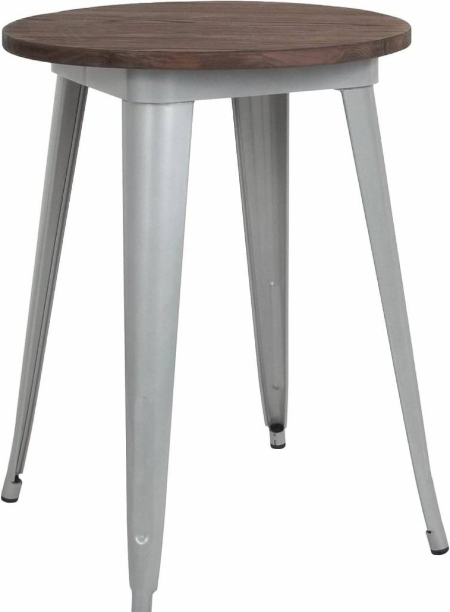 Flash Furniture 24" Round Silver Metal Base Walnut Wood Top Indoor Dining Table