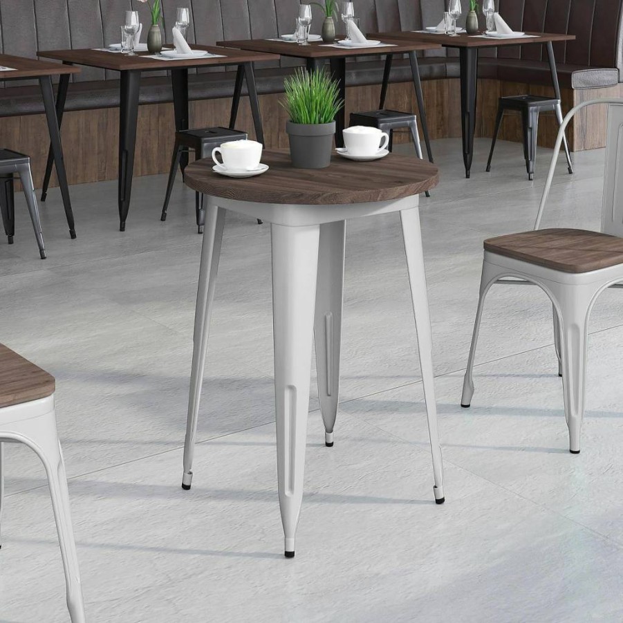 Flash Furniture 24" Round Silver Metal Base Walnut Wood Top Indoor Dining Table