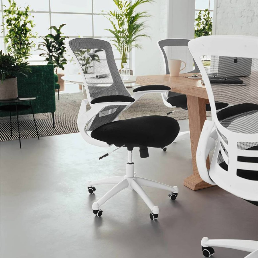Flash Furniture Kelista Ergonomic Mesh Office Chair - Mid-Back Swivel with Adjustable Lumbar Support, Seat Height & Flip-Up Armrests, Gray/White